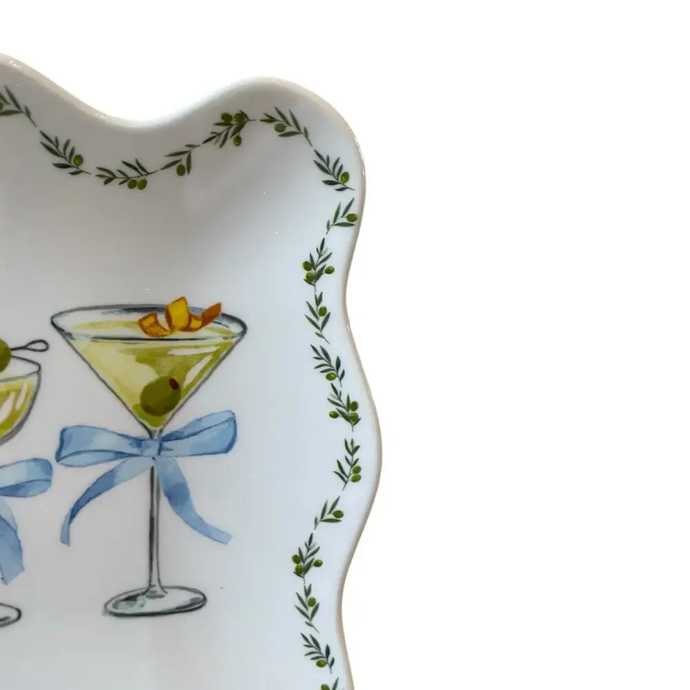 Rachel Zoe Cocktails & Bows Melamine Appetizer Plates 9x6 Set of 4 Scalloped NEW